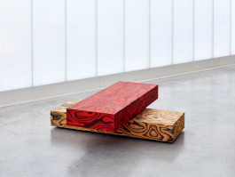 Wodden coffetable in brown and red colors standing in front of a plexiglas wall Logo Progressive Present