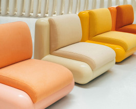 yellow, rose and white chairs standing as a group Logo Progressive Present
