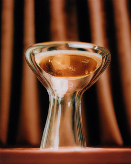 Photo of a glass vase standing in front of a brown curtain. Logo Progressive Present