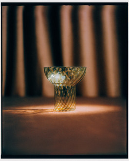 Photo of a glass vase standing in front of a brown curtain. Logo Progressive Present