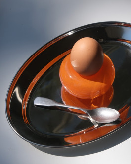Orange egg holder standing on a metall tray. Logo Progressive Present