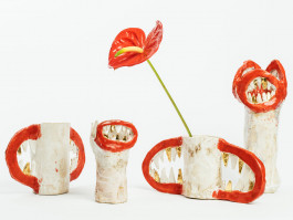Handmade ceramic vases with red and gold tooth designs, bold artistic home decor pieces Logo Progressive Present