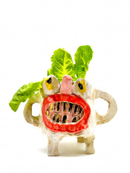 Handmade ceramic planter with expressive face design and leafy greens, unique artistic home decor Logo Progressive Present