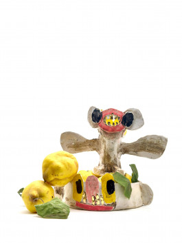 Handmade ceramic sculpture with whimsical character and quinces, artistic decor for creative interiors Logo Progressive Present