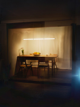 Minimal pendant light above wooden dining table in warm-toned interior Logo Progressive Present