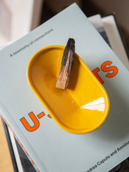 Yellow ceramic tray with a palo santo stick, placed on a book titled “U-Topos”. Logo Progressive Present